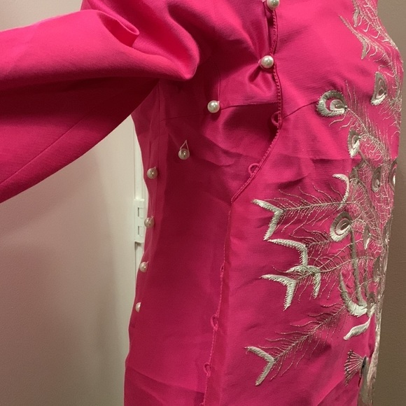 Oriental Mulberry Silk Pink Peacock Embroidered Jacket w Pearl Buttons size S - Picture 4 of 16